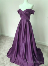 Dark Purple Satin Off Shoulder Long Formal Dress, Purple Evening Dress Prom Dress